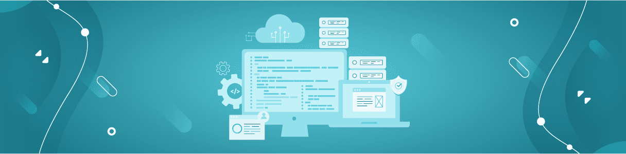 AI-powered test automation software on desktop and laptop, connected to cloud servers and security systems.