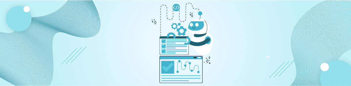 Robot automating software testing with AI. Checklists and graphs show progress.