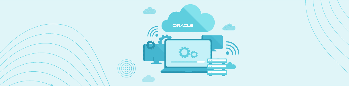 Laptop connected to Oracle cloud computing servers. Oracle HCM Cloud software is shown loading.