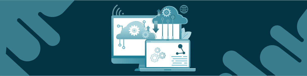 Desktop and laptop computers connected to a cloud computing network, illustrating data transfer and processing.
