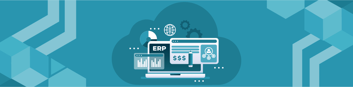 Laptop displaying Oracle ERP Cloud interface with graphs, charts, and financial symbols.