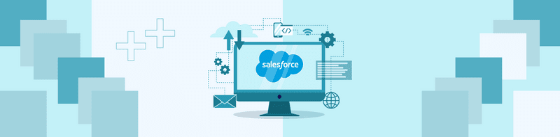 Salesforce cloud displayed on a computer screen, connected to various app icons representing continuous test automation and integration.