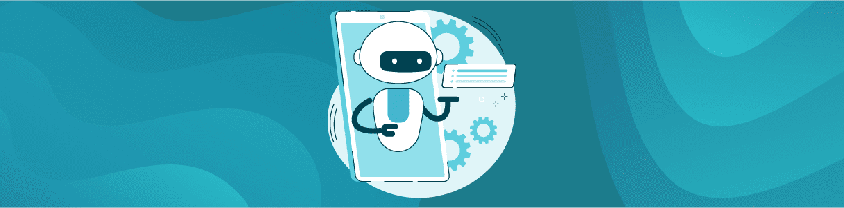 AI chatbot on a smartphone screen, pointing to a checklist; gears in the background. AI testing automation.