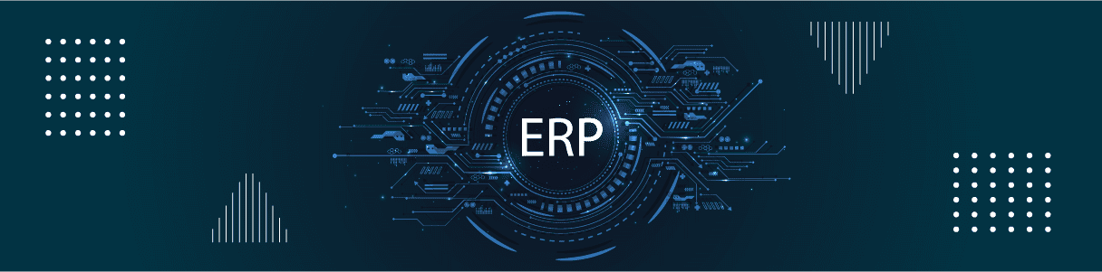 Abstract graphic depicting ERP system with circuit board design; Advances in test automation for ERP systems.