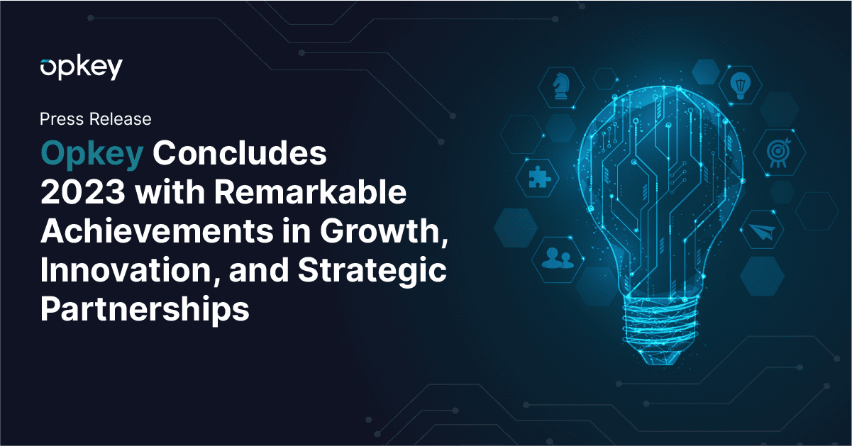 Opkey's 2023 achievements: growth, innovation, and strategic partnerships visualized as a glowing circuit-board lightbulb.