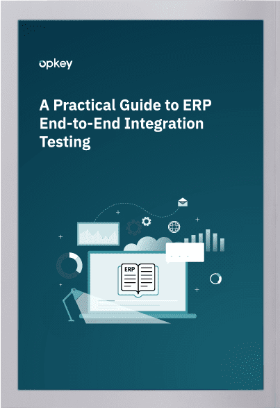 Laptop displaying ERP end-to-end integration testing guide, surrounded by data and process icons.
