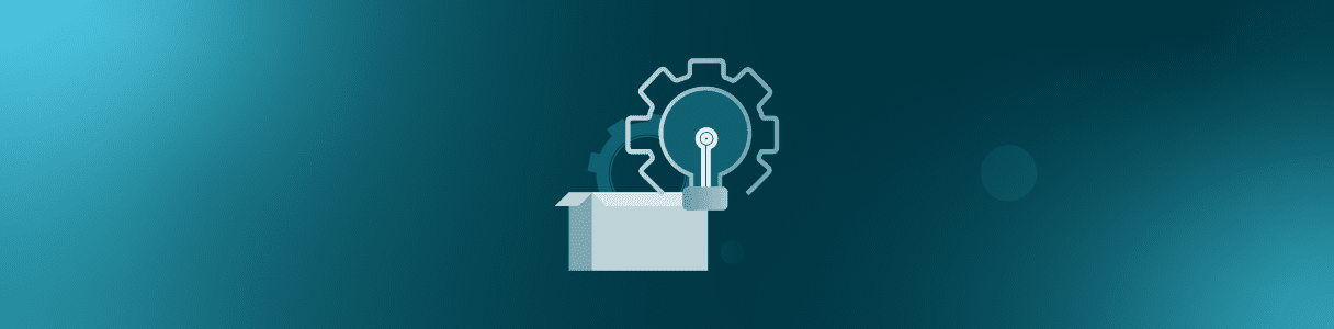 Abstract graphic of a lightbulb inside a gear, emerging from a box; representing innovative ERP testing solutions.