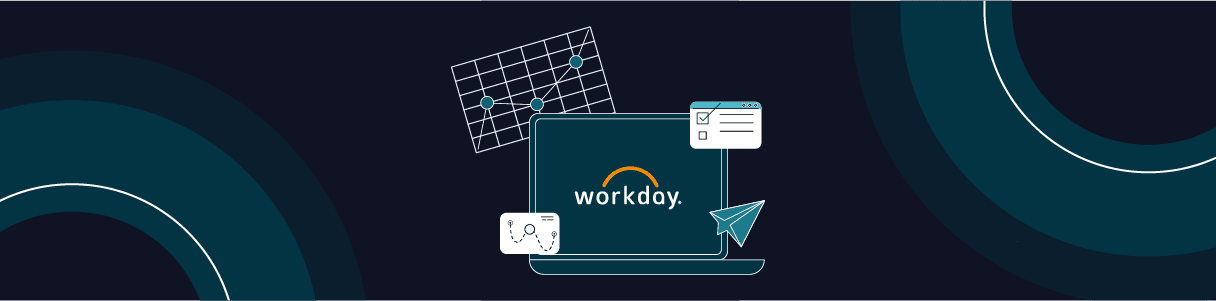 Workday 2024R2 release features: laptop with charts, graphs, and a paper airplane.