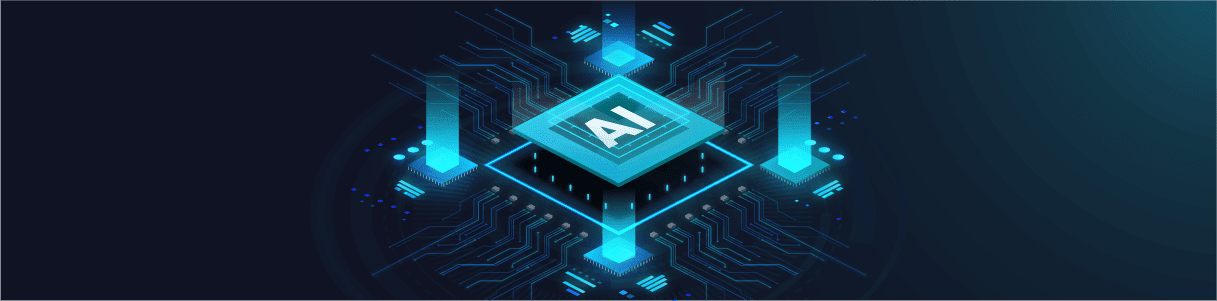 AI processor chip glowing with data streams, representing AI governance.