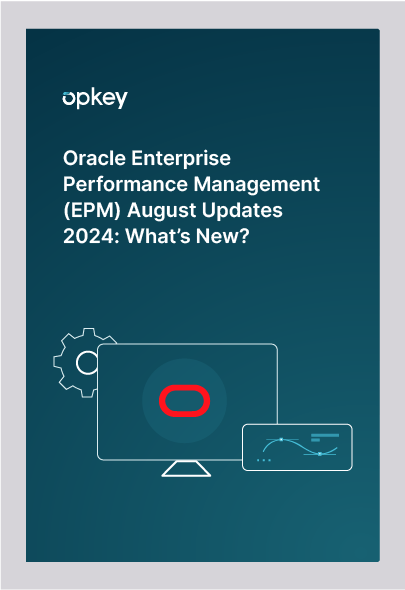 Graphic depicting Oracle EPM August 2024 updates: computer screen showing a gear and graph.