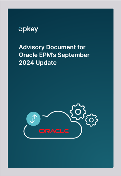 Opkey advisory document: Oracle EPM September 2024 update. Cloud icon with gears and data transfer.