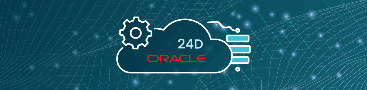 Oracle Cloud 24D release notes graphic showing cloud icon, gear, and data blocks.