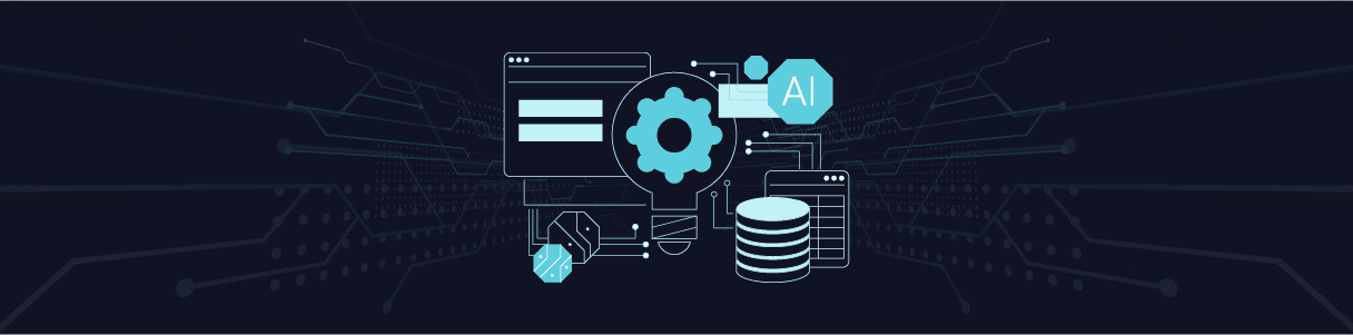 Diagram showing AI-powered test automation framework components, including database, UI, and gear representing settings.
