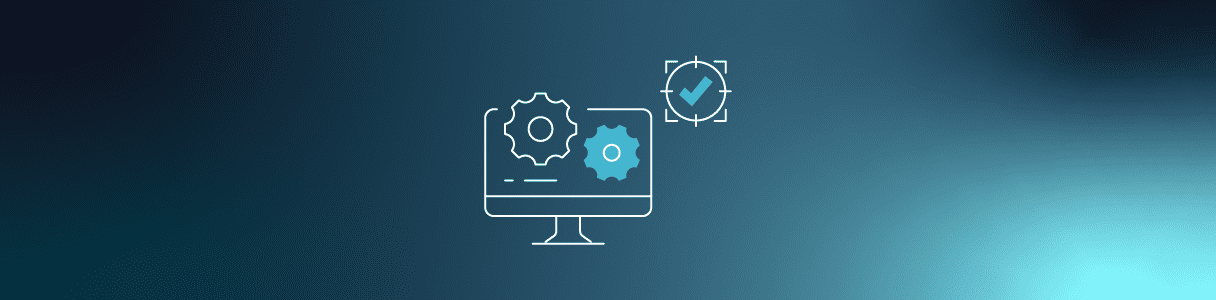 Computer screen displaying gears, signifying software development and BDD testing, with a checkmark indicating successful testing.