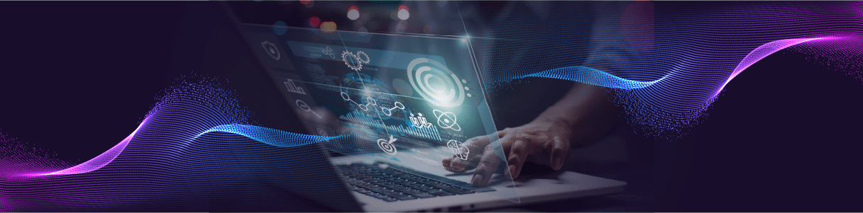 Person using laptop with modern UAT environment data visualization.