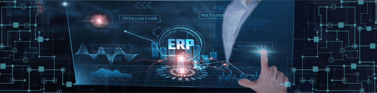 Person interacts with a digital interface showing ERP, automation, integration, and resource management data. Improving ERP ROI.