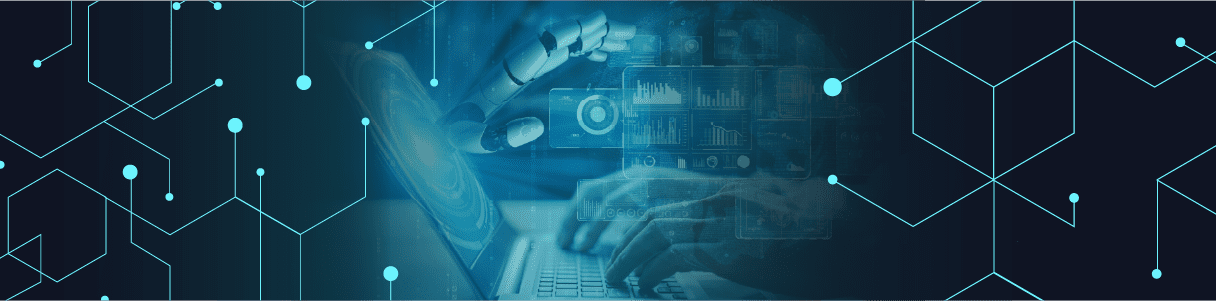 Human and robotic hands collaborate on a laptop, analyzing data charts. Digital transformation.