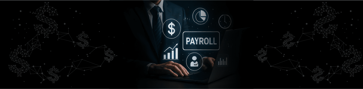 Businessperson using laptop, payroll data visualized with icons.