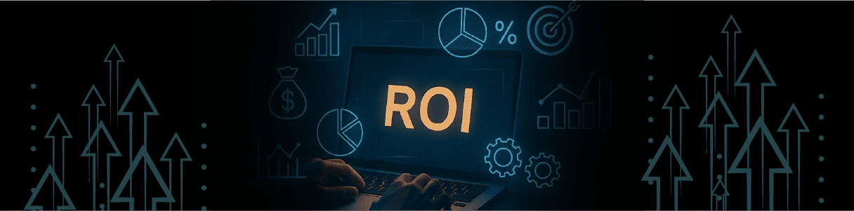 Laptop displaying "ROI" surrounded by upward trending graphs and financial icons. Shift left testing maximizes ROI.