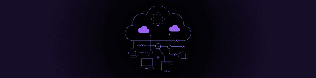Diagram showing cloud-based ERP operations connected to multiple devices, highlighting key aspects of Opkey's 2025 report.