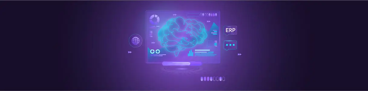 Abstract brain graphic on a futuristic display, showing ERP data and global connectivity. Agentic AI in enterprise apps.