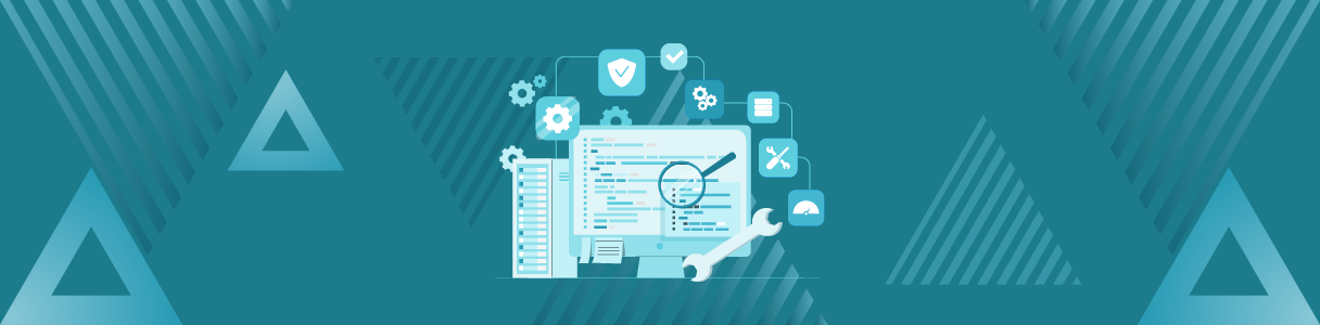 Software testing automation: computer screen displays code, wrench, magnifying glass, and security icons.