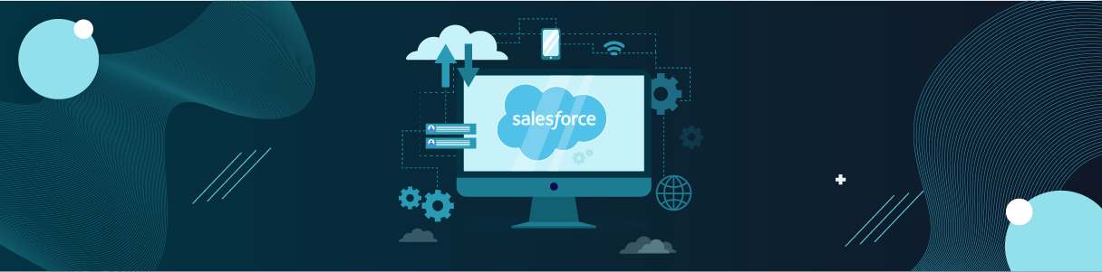 Salesforce cloud computing software on a computer screen, connected to various devices and servers.