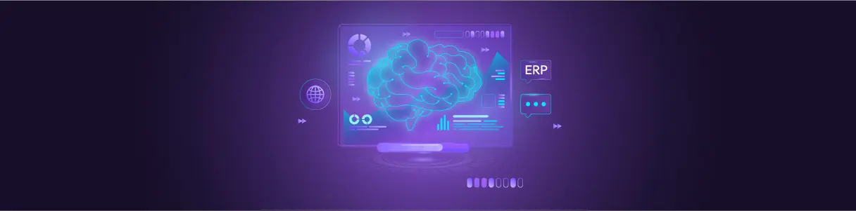 Abstract brain graphic on a futuristic display, showing ERP data analysis. Agentic AI in enterprise apps.