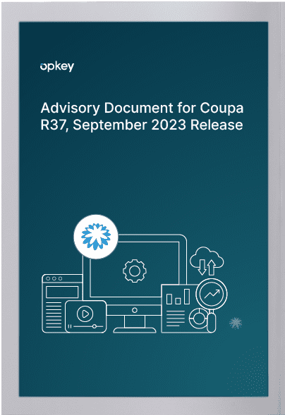 Opkey advisory document for Coupa R37 September 2023 release. Illustration shows software, cloud, and data analytics.
