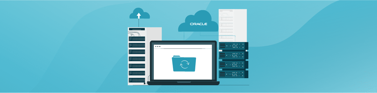 Laptop displaying a folder icon with circular arrows, illustrating data synchronization between Oracle Cloud servers and on-premise servers.