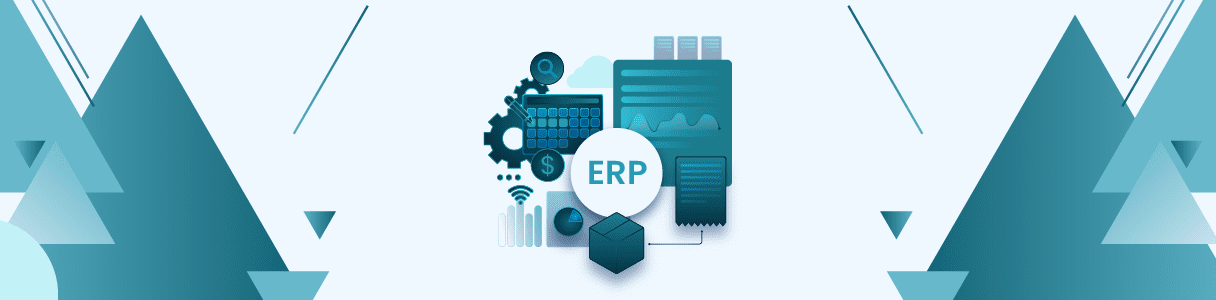 ERP system graphic showing integrated modules, data analysis, and automation. "ERP" is prominently displayed.