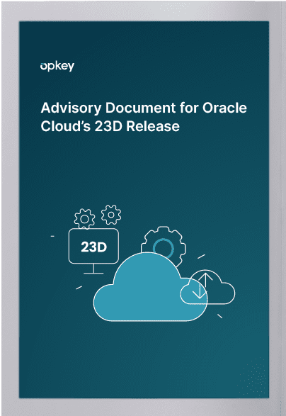 Graphic depicting Oracle Cloud's 23D release advisory document. Cloud icon with gears and "23D.