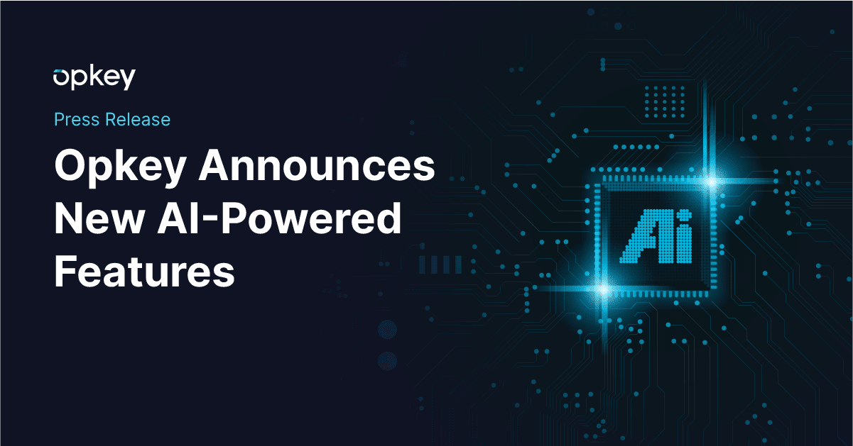Opkey announces new AI-powered features. AI microchip on circuit board.