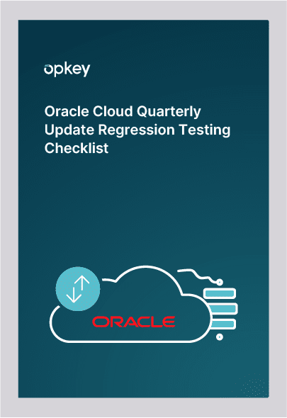 Oracle Cloud quarterly update regression testing checklist infographic. Data transfer and database icons.